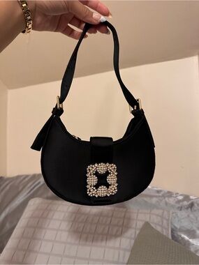 Black Crystal Buckle Crescent Shoulder Bag - Unbranded